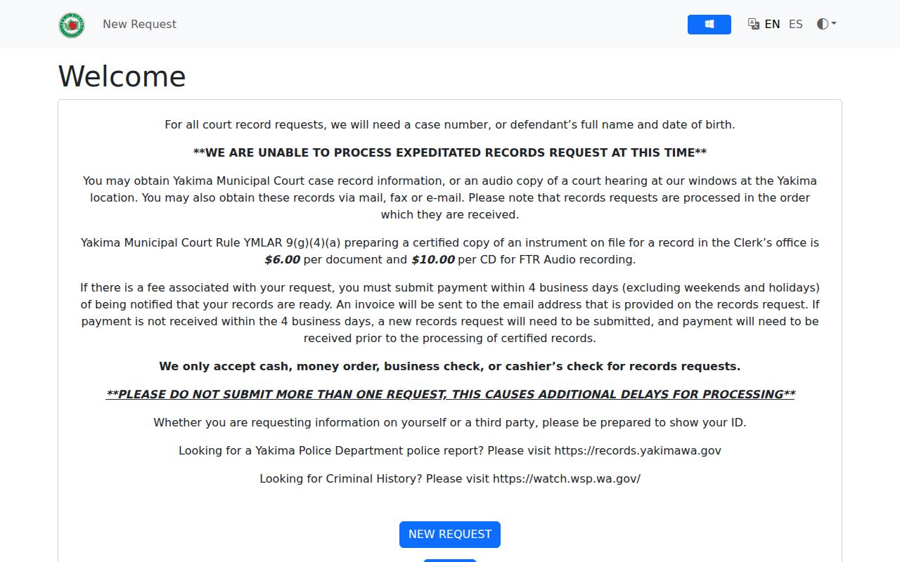 Yakima criminal history municipal court records portal