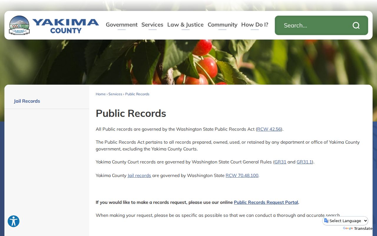 Yakima County public records routing for criminal history requests