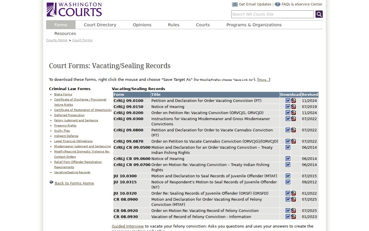 Washington court vacation forms for Yakima County criminal records
