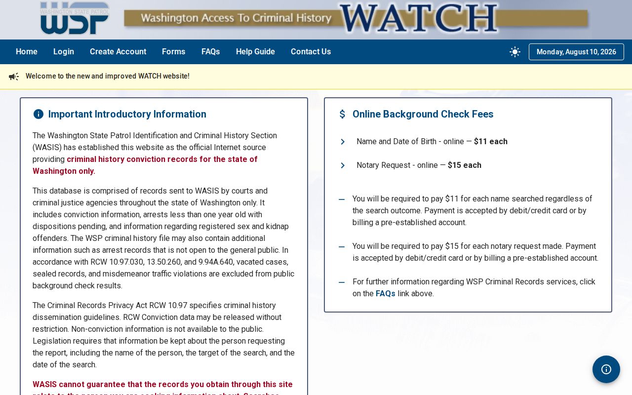 WATCH account registration for a Yakima County criminal record search