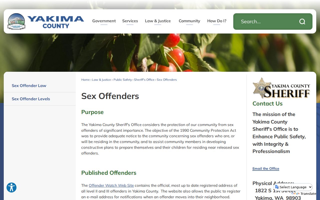 Yakima County sex offender registry information and sheriff access page